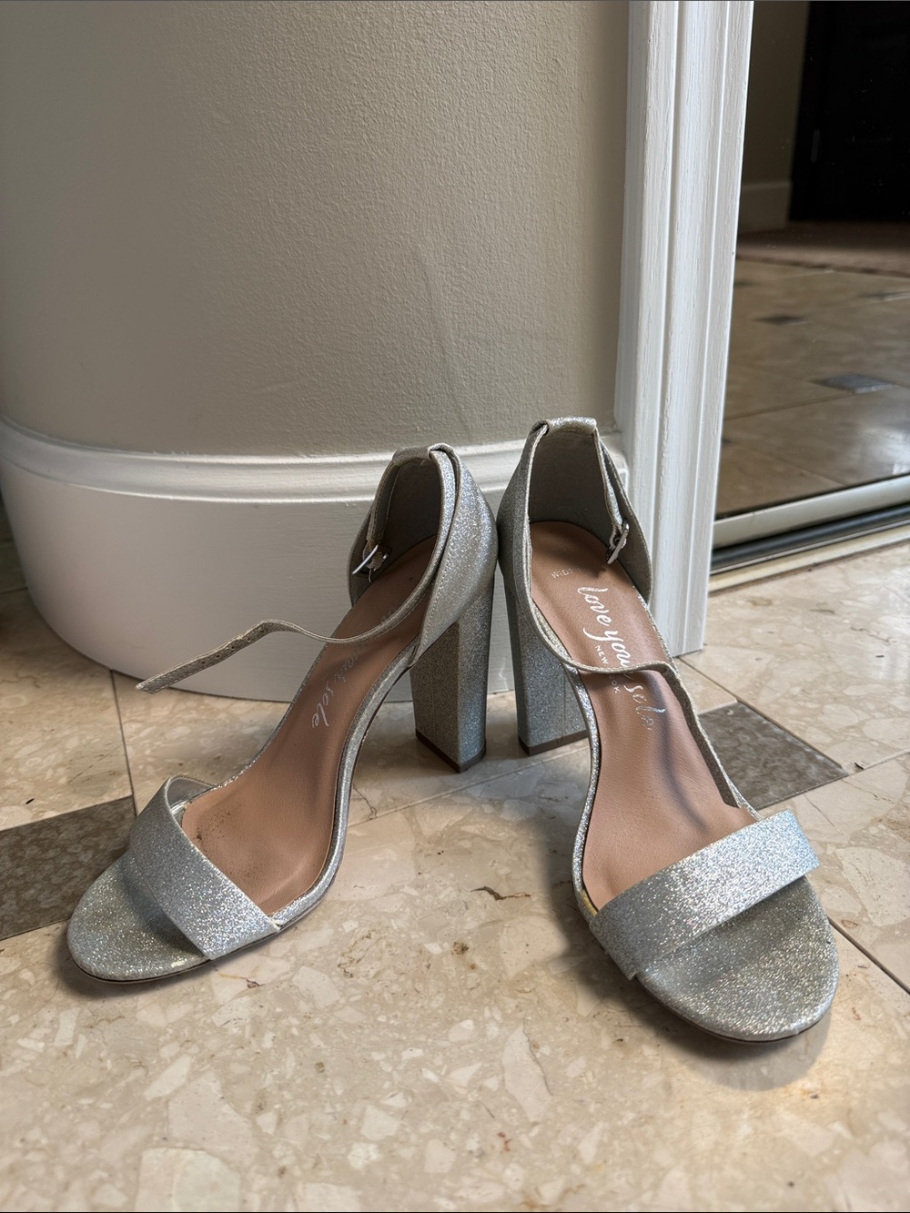 New Look Silver Glitter Block Heel Sandals with Ankle Strap